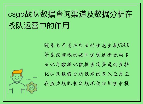 csgo战队数据查询渠道及数据分析在战队运营中的作用